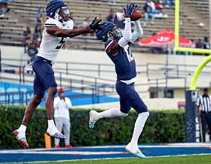 Jackson State cornerback Travis Hunter intercepts a pass during the team's spring game